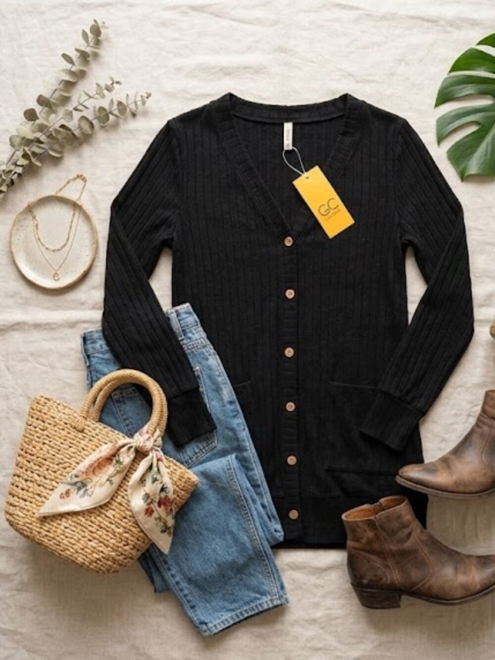 Grecerelle Ribbed V-Neck Cardigan Sweater Black Small NWT